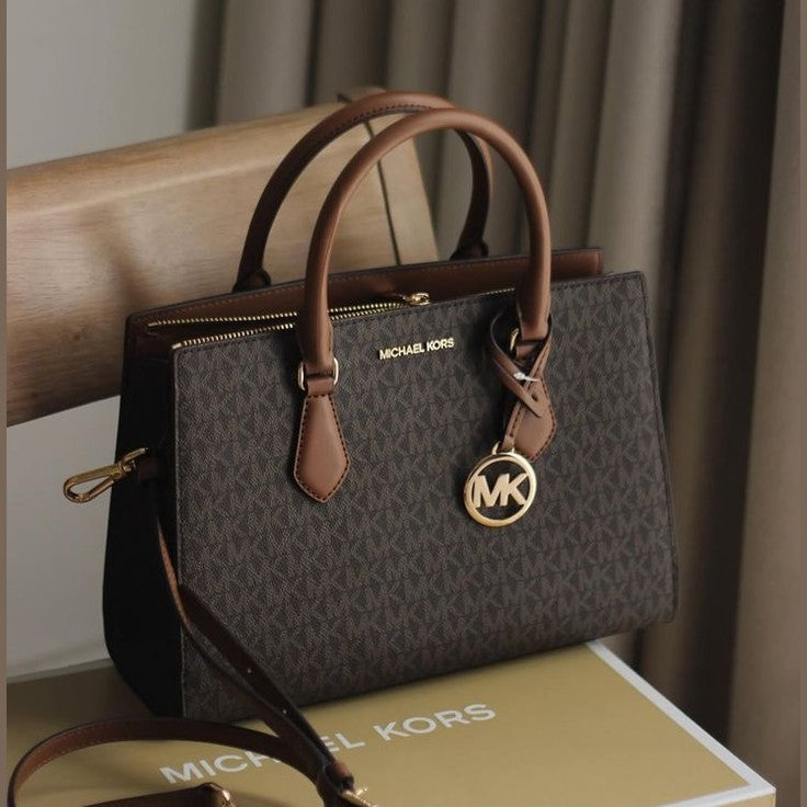 MK Signature Brown Structured Satchel Bag