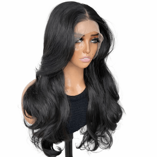 Natural Black 22 inch Curtain Bangs Human blend Lace Front Wig